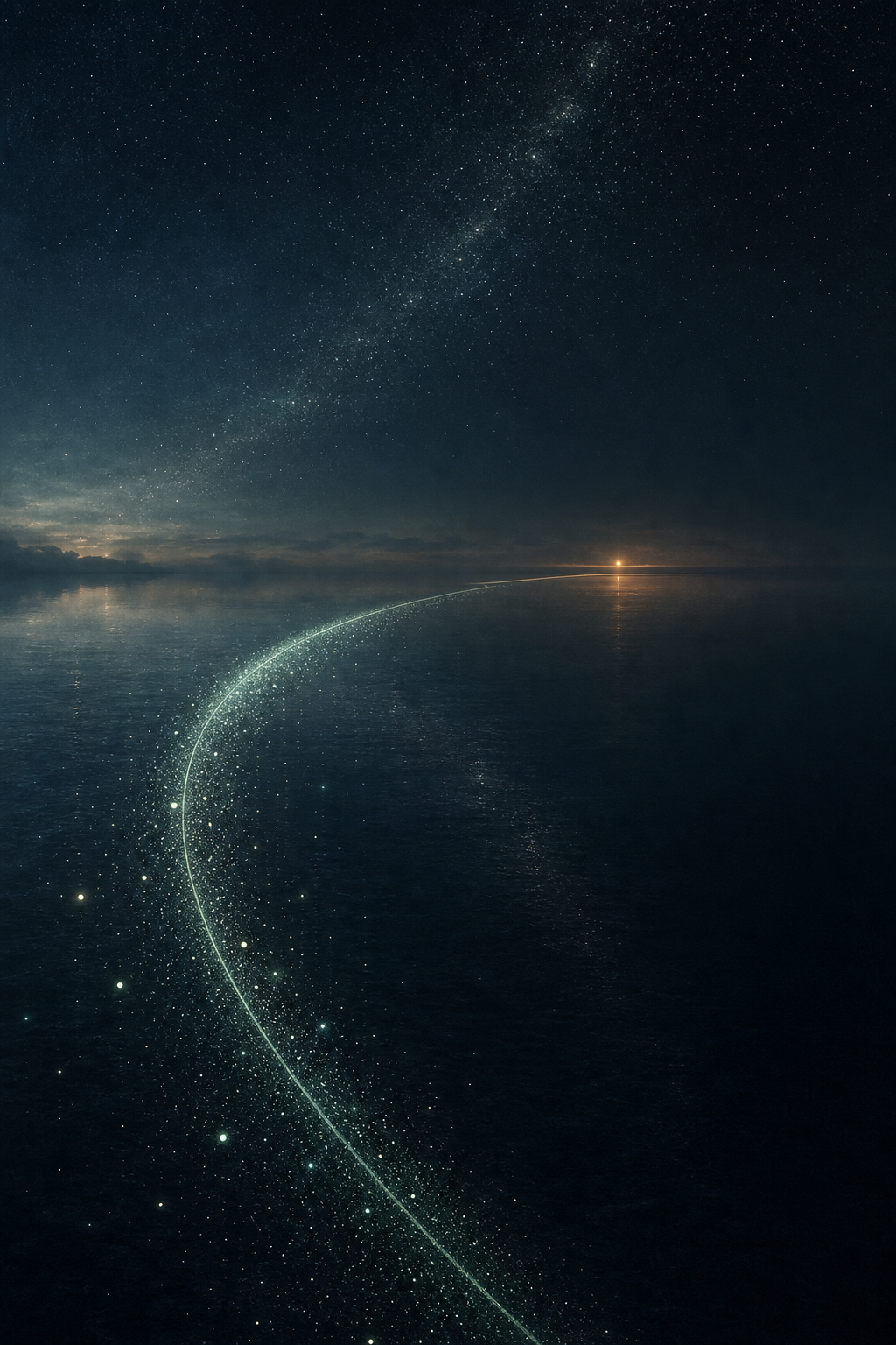 夜色水面上通向远方的星轨